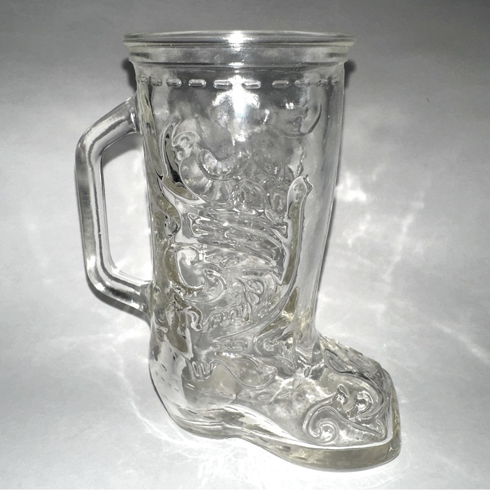 VTG clear glass cowboy boot mug tumbler cup vase western design handle 12 oz